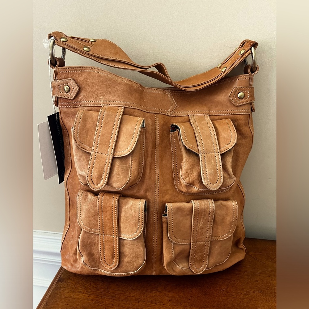 Golden Yellow Leather Large shoulder, Hobo Tote bag, with (4) exterior pockets.